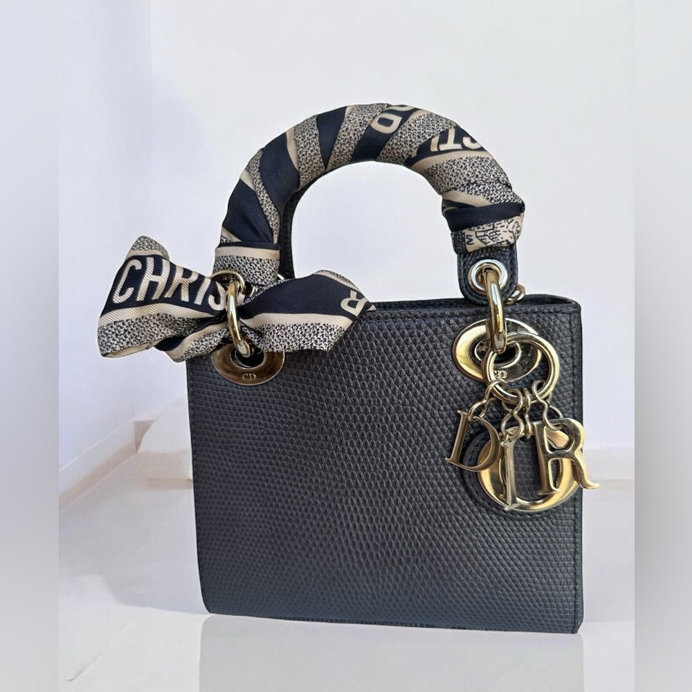 Lady Dior Gray Lizard Mini Bag with Gold Details